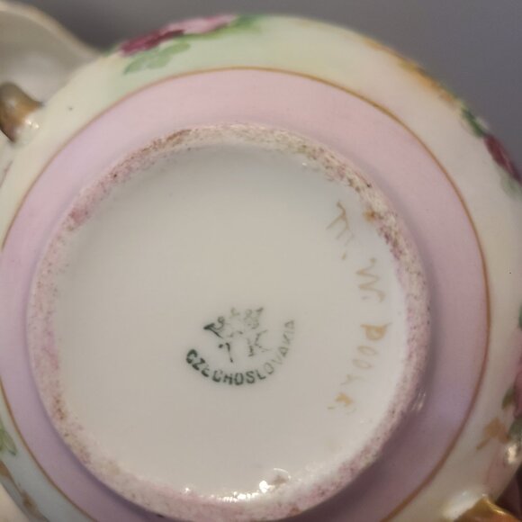 MW Poole Bohemian Porcelain Sugar & Creamer Pink Floral Gold Trim Czechoslovakia - Picture 5 of 8